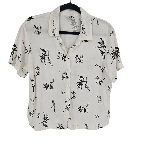 Clio petites womens size Large white black tropical leaf branch print linen top - Picture 1 of 8